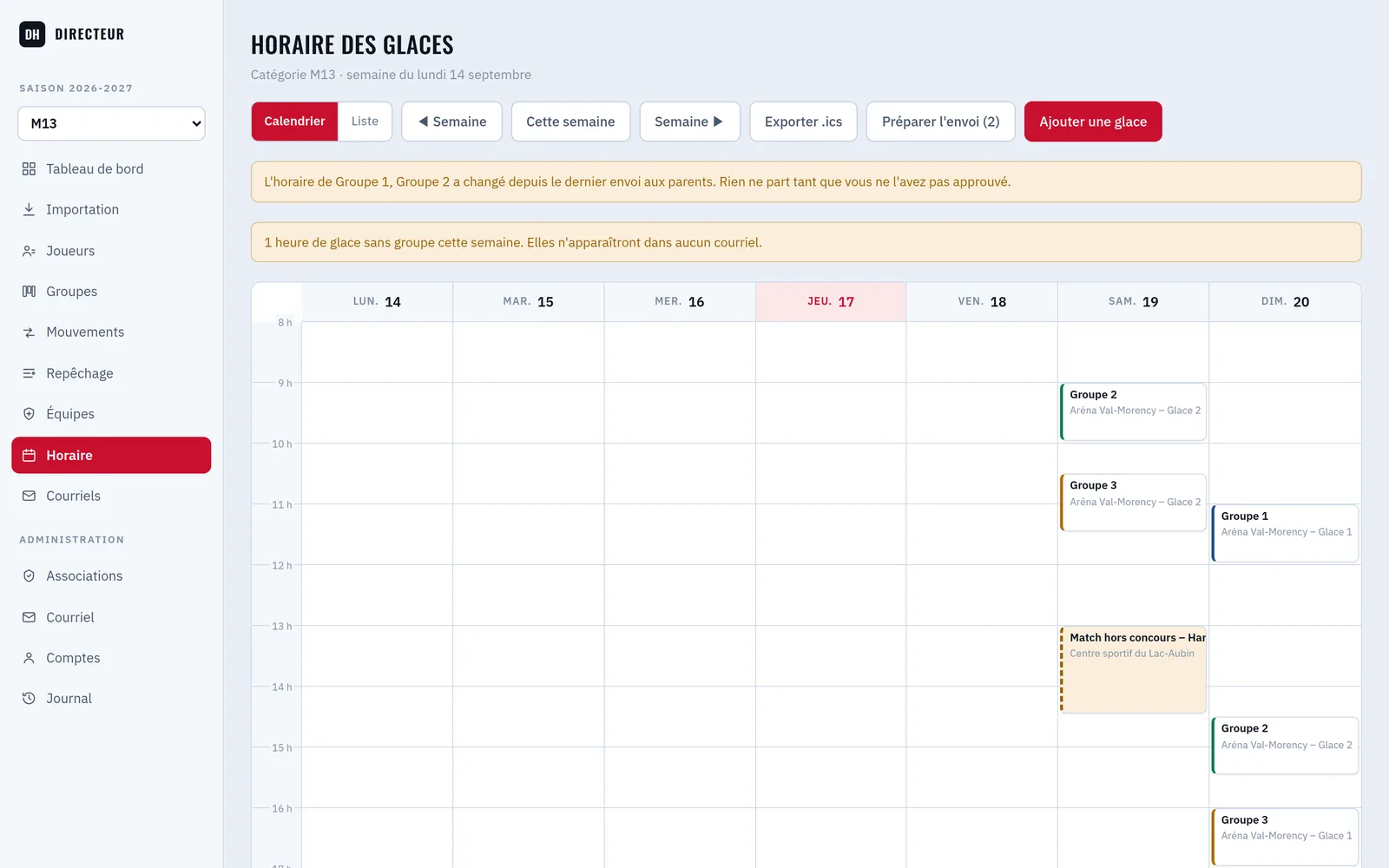 Horaire des glaces de la semaine, en calendrier