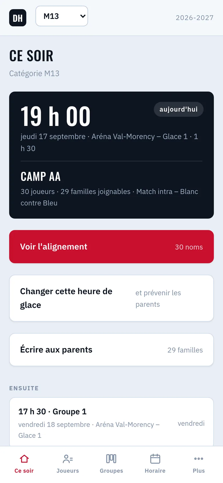 Écran « Ce soir » sur téléphone : la prochaine glace et l'alignement
