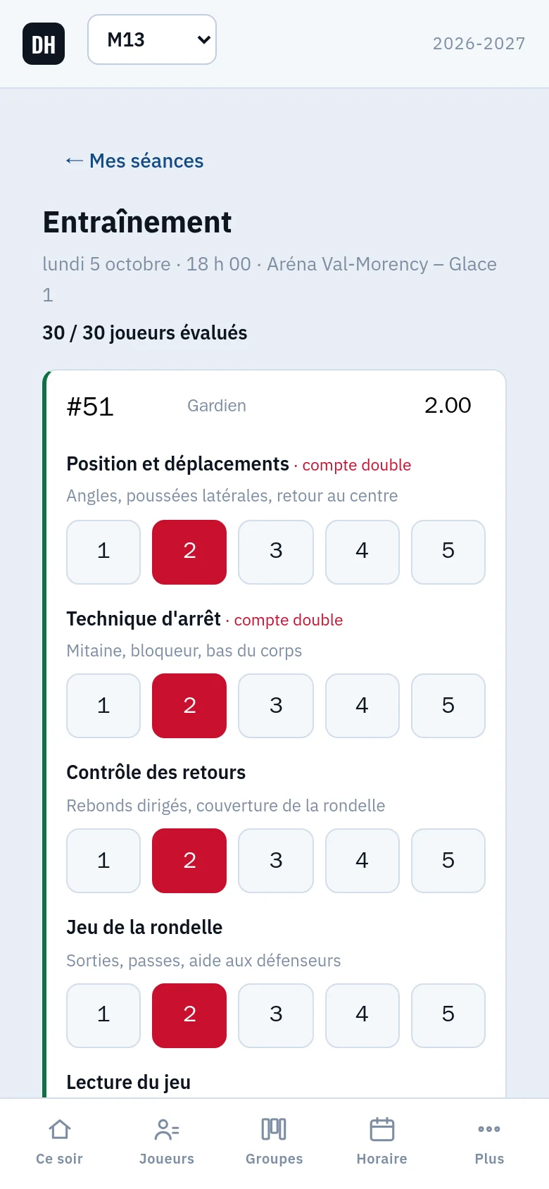 Grille d'évaluation sur téléphone : un dossard, des notes de 1 à 5